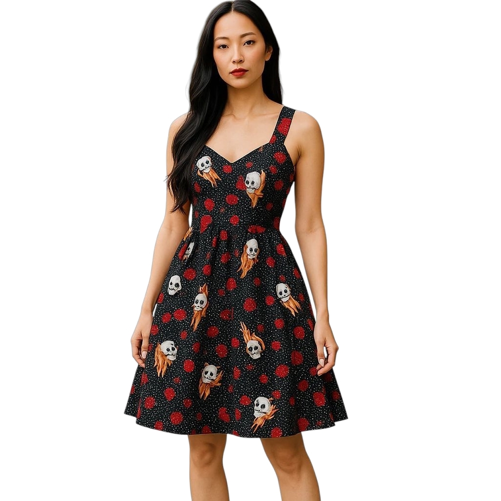 Hot Topic Skulls Red Roses White Polka Dots Black A-Line Mini Dress Size Medium